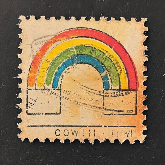 Photo vintage postage stamp with rainbow calligraphy creativity blackboard