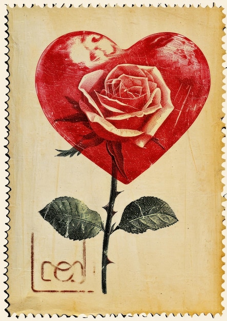 Photo vintage postage stamp with valentines flower rose crossstitch