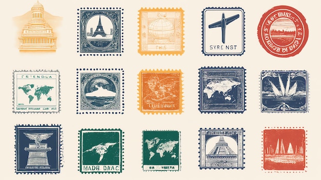 Photo vintage postage stamps with travel and world maps designs