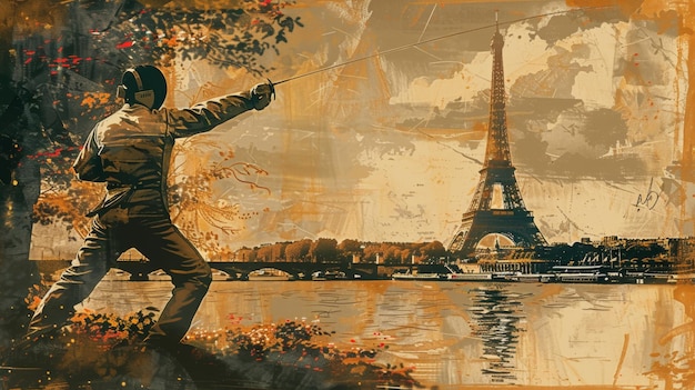 vintage postcard Summer Olympic Games in Paris fencing fencer with a foil against the backdrop of the Seine Eiffel Tower landmarks and city panorama free space for text