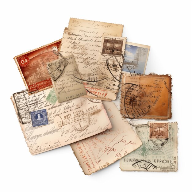 Photo vintage postcards with handwritten messages and stamps piled on a white background