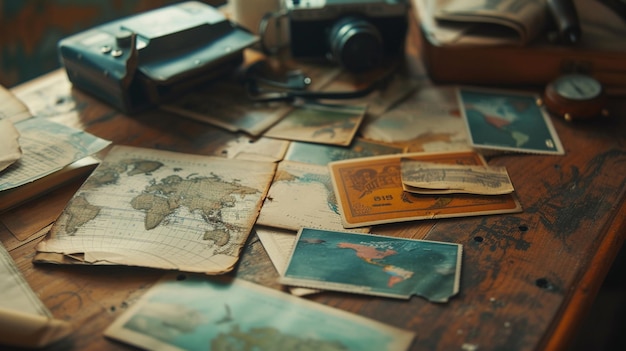 Vintage Postcards on Wooden Table Retro PNG