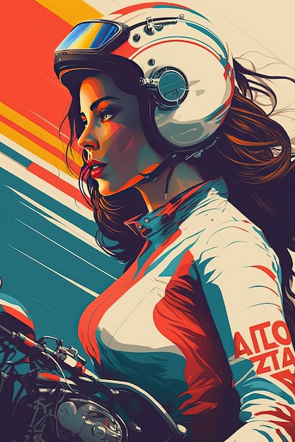 Vintage poster beautiful woman racer in red white and blue colors Generative Ai