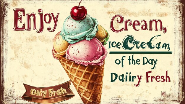 Photo vintage poster for ice cream with waffle cone filling