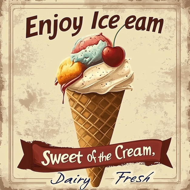 Photo vintage poster for ice cream with waffle cone filling