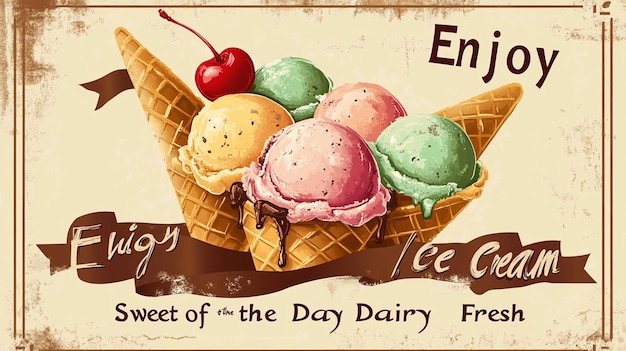 Photo vintage poster for ice cream with waffle cone filling