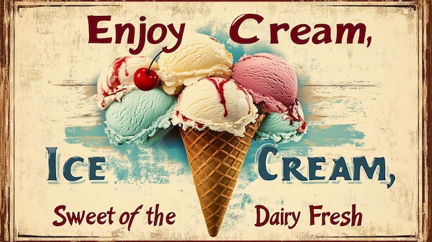 Photo vintage poster for ice cream with waffle cone filling