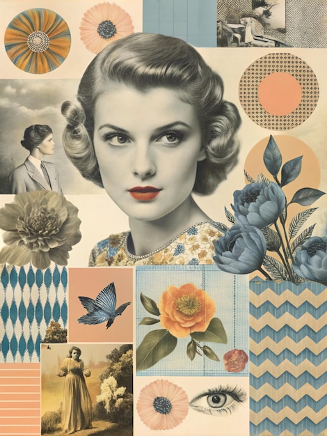 a vintage poster with a woman in a blue dress and flowers