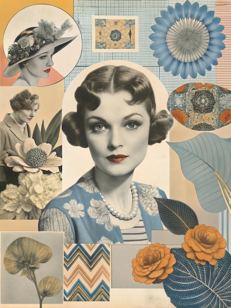 a vintage poster with a woman wearing a hat and a blue dress with flowers