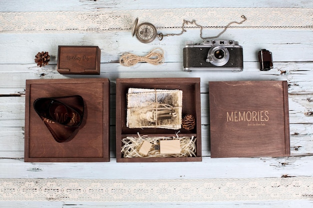 Vintage presents on a wooden background