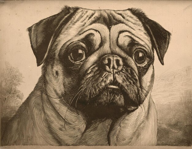 Vintage Pug Dog Illustration Detailed Artwork Capturing the Adorable Features of a Pug