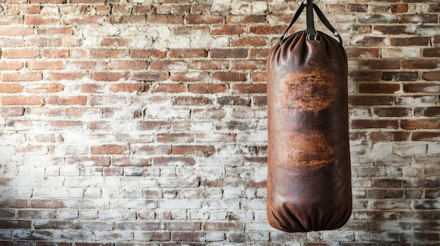 Photo vintage punch bag hanging on aged brick wall background