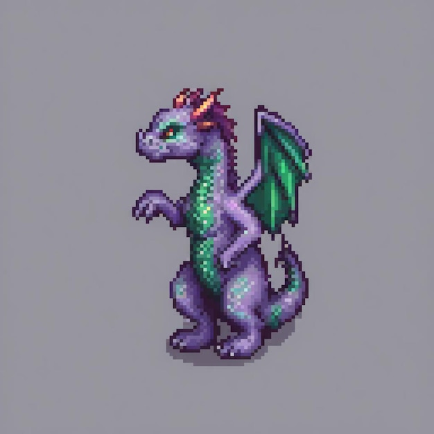 Vintage purple dragon with vibrant green wings in pixel art style