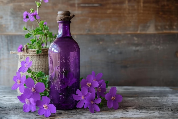 Vintage purple glass bottle with fresh wildflowers