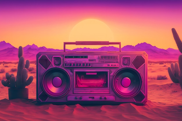 Vintage radio boombox in the desert retrowave synthwave Neural network AI generated