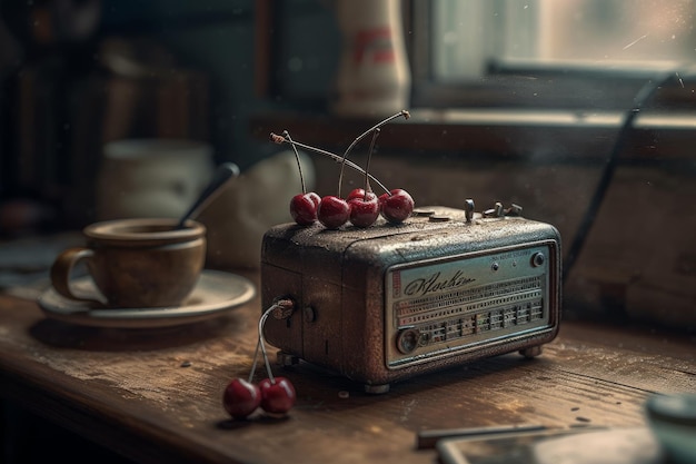 A vintage radio sits on a table with cherries on it.