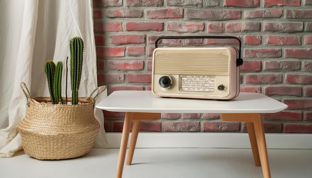 Vintage radio on white wooden table and red brick wall interior with cactus plant