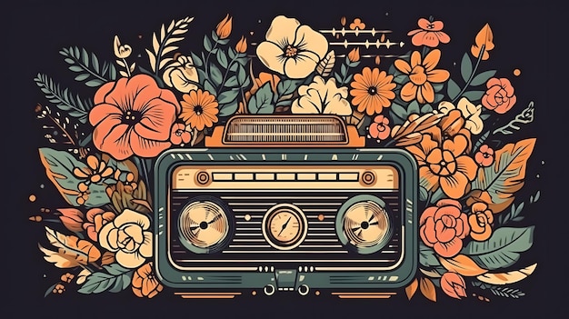 A vintage radio with flowers and a picture of flowers.