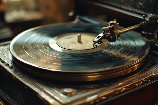 Vintage Record Player Spinning Vinyl Record Close Up