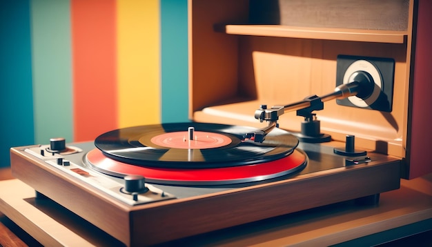 a vintage record player with a vinyl record spinning on the turntable set against a retroinspired