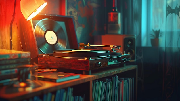 Vintage Record Player on Wooden Table with Vinyl Records