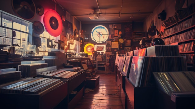 Vintage record store with a neon sign and stacks