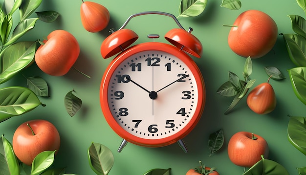 Vintage red alarm clock on green background surrounded by apples and leaves blending time concept