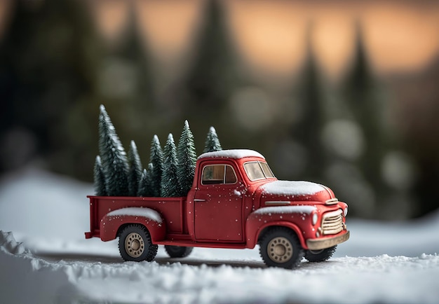 Vintage red christmas truck carrying a fir tree Festive background Genrative ai