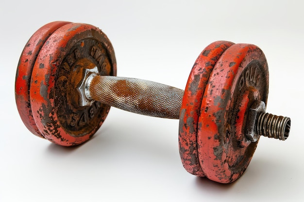 Photo vintage red dumbbell on a plain background showing wear and tear from use