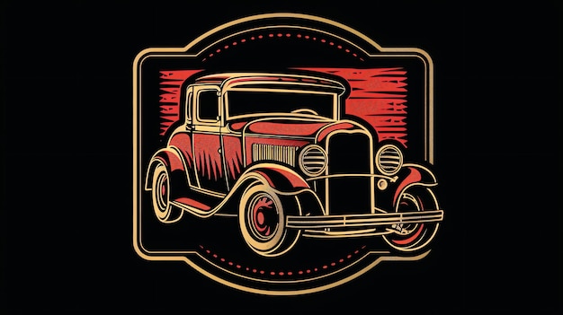 Vintage red hot rod car illustration with gold accents