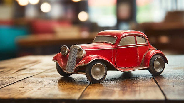 A vintage red toy car on a wooden table with a blurred background