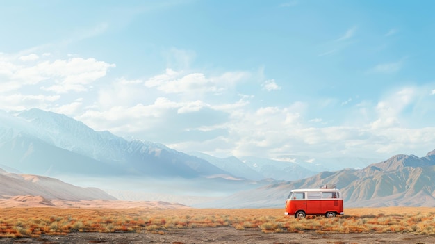 Vintage red van on a desert road with breathtaking mountain backdrop under a blue sky