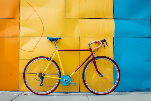 Photo a vintage red and yellow bike stands against a vibrant wall of yellow and blue panels evoking a playful retro charm