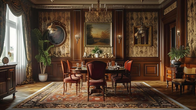 Vintage retro dining room with classic furniture warm lighting and patterned wallpaper