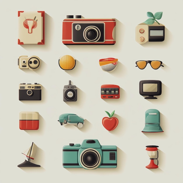 Photo vintage retro icons set camera book sunglasses apple car lamp lantern travel summer holiday