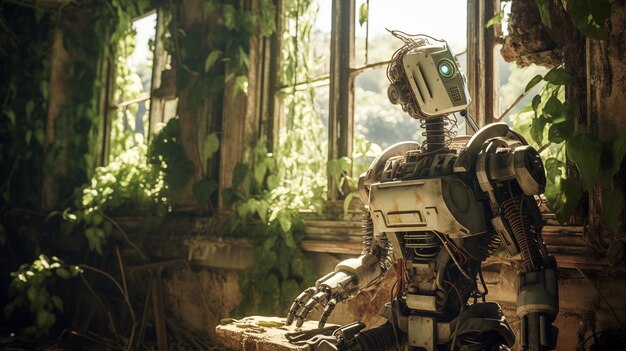 A vintage robot sits in a forgotten laboratory overgrown with lush green vines