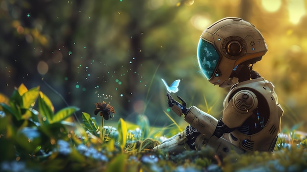 Vintage robot sitting on a grass in the forest 3d rendering