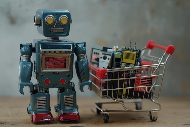 Photo vintage robot toy standing with miniature shopping basket filled with electronic devices