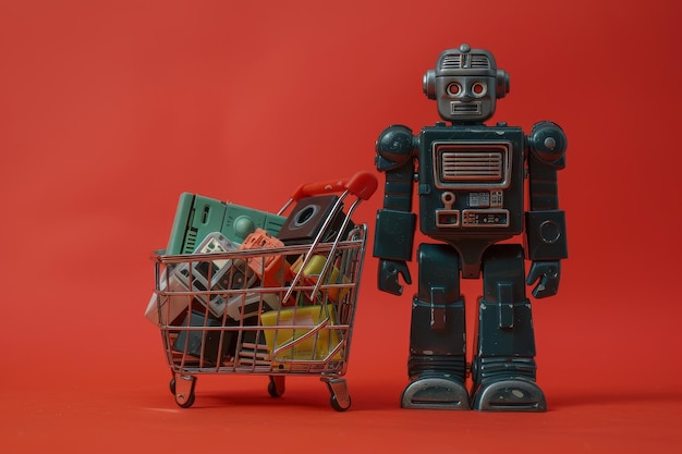 Vintage robot toy standing with miniature shopping basket filled with electronic devices