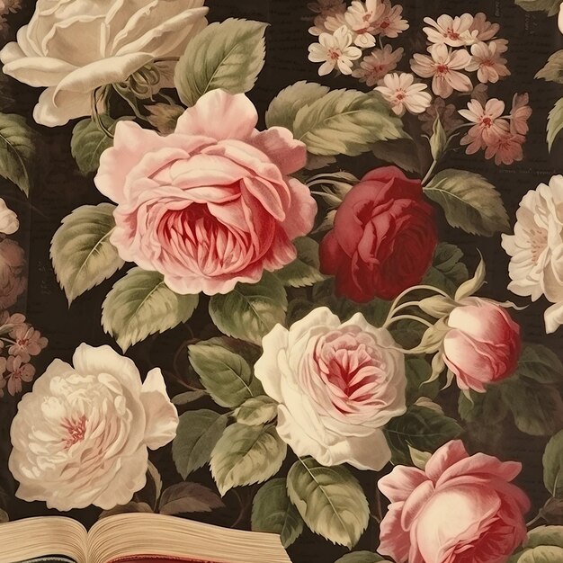 Vintage Rose Delight Library Wallpaper in Brown and Pink