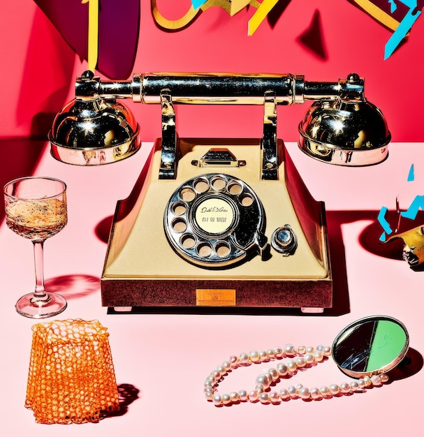 Photo vintage rotary dial phone with pearl necklace a glass of water and a small orange woven object on a pink background