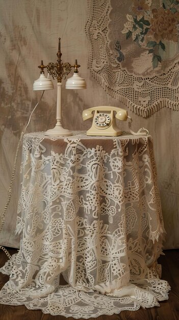 Photo vintage rotary telephone and lamp on lacecovered table in antique room setting