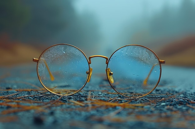 Vintage Round Glasses on Rainy Road Autumn Outdoor Scene CloseUp Photography for Background and Design