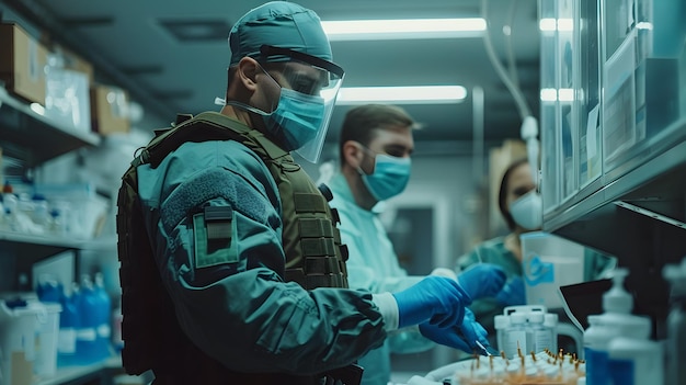 Photo vintage rustic scene of surgeon in bulletproof vest administering betaalanine to patient under