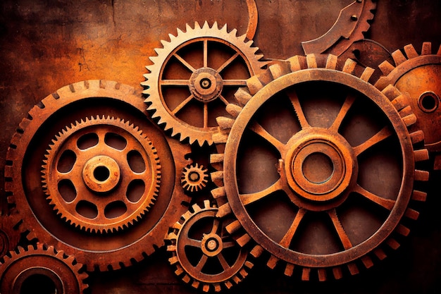 Vintage rusty Machinery gears steampunk background Generative AI