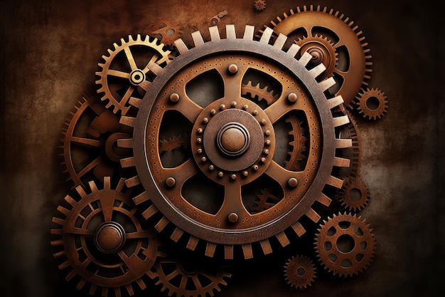 Vintage rusty Machinery gears steampunk background Generative AI