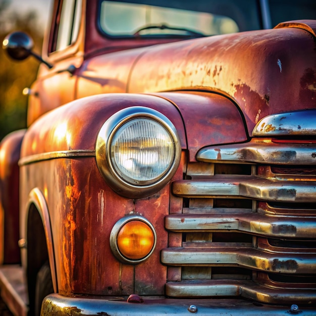 Vintage rusty red truck car with a new headlight soft focus