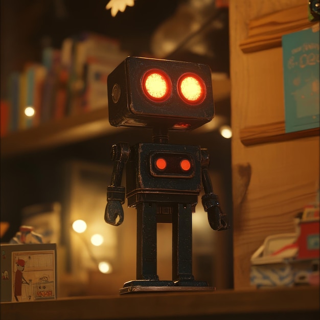 A vintage rusty robot with glowing red eyes stands on a shelf in a dimly lit room surrounded by books and other trinkets