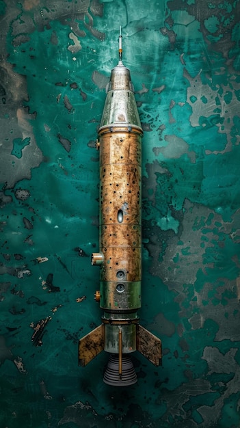 Photo vintage rusty rocket in industrial antique style on patina background sci fi retro futurism space