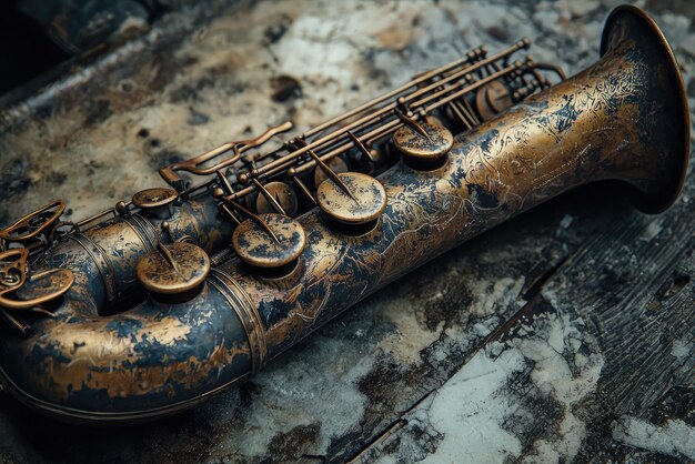 A vintage saxophone rests gracefully on a weathered surface exuding an air of nostalgia and the beauty of timeless music